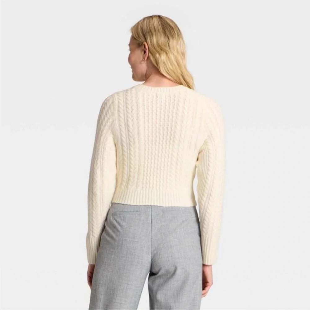 a new day Creme Tie Front Cardigan Bow Sweater Large Long sleeve Cable Knit - Picture 3 of 5